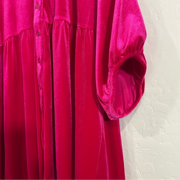 Plus Size Hot Pink Fuchsia Velvet Button Down Babydoll Tunic Top 2X Holiday - Picture 3 of 8